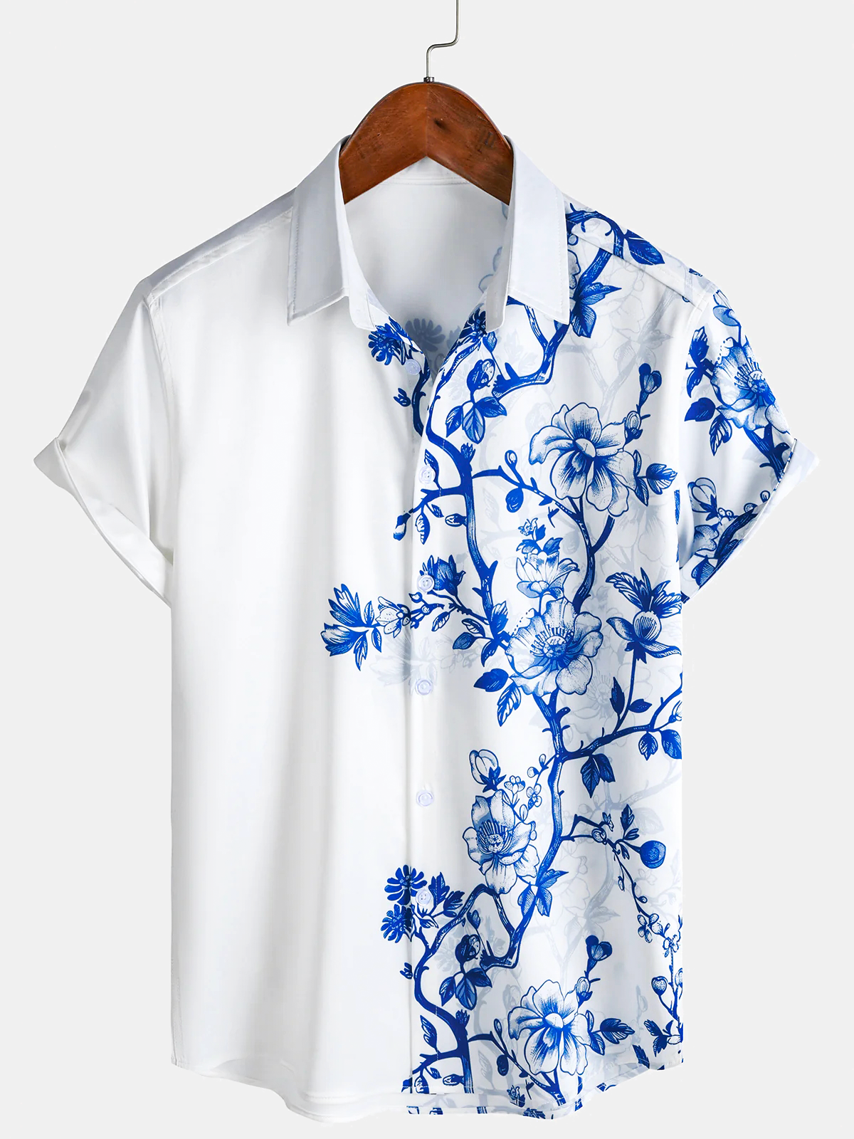 Men's Blue Floral Print Summer Beach Cruise Hawaiian Short Sleeve Shirt