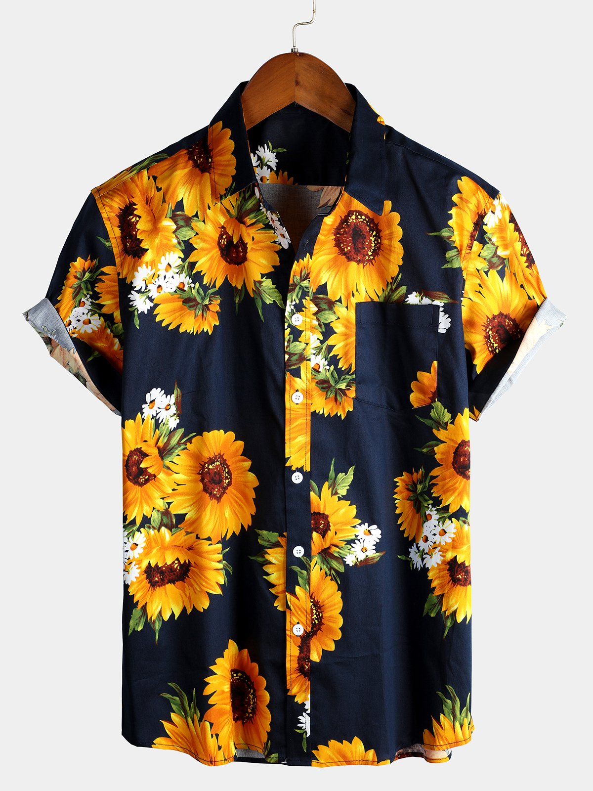 Men's Vintage Sunflower Pocket Short Sleeve Shirt